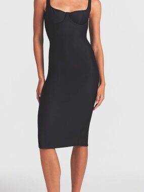SKIMS BODY Black Midi Slip Dress with Built-In Underwire